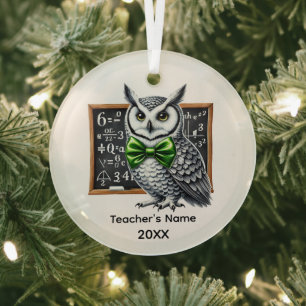 Cute Teacher owl add name year Christmas Glass Tree Decoration