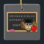 Cute Teacher Owl with Apple Cartoon Ceramic Ornament<br><div class="desc">An illustration of a cute teacher owl with adorable white moustache wearing a graduation cap with yellow tassel and holding a red apple. He is writing on the blackboard and teaching letter alphabet and a simple math. This kawaii cartoon design is for bird lovers and animal lovers, and a gift...</div>