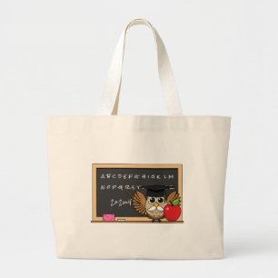 Cute Teacher Owl with Apple Cartoon Large Tote Bag