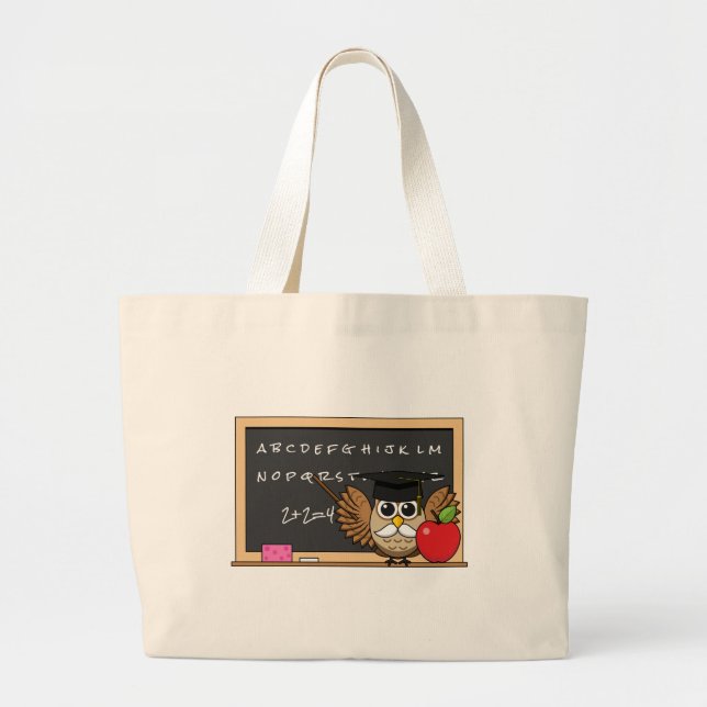 Cute Teacher Owl with Apple Cartoon Large Tote Bag (Front)