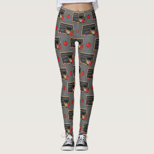 Cute Teacher Owl with Apple Cartoon Leggings