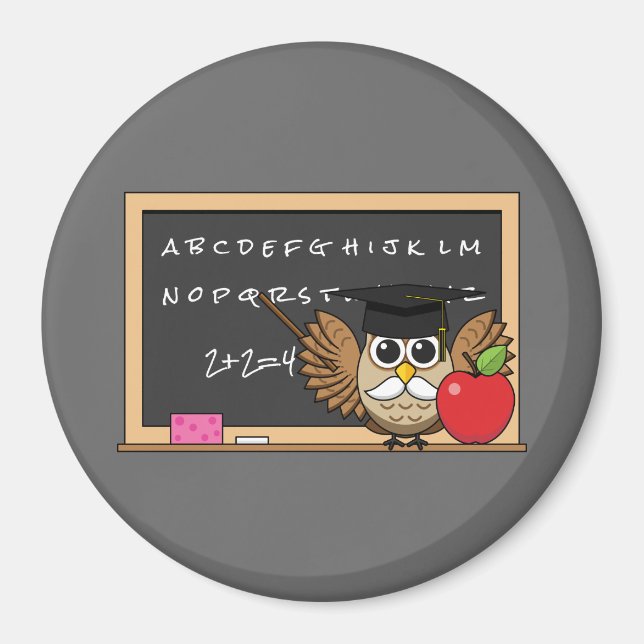 Cute Teacher Owl with Apple Cartoon Magnet (Front)