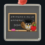 Cute Teacher Owl with Apple Cartoon Metal Tree Decoration<br><div class="desc">An illustration of a cute teacher owl with adorable white moustache wearing a graduation cap with yellow tassel and holding a red apple. He is writing on the blackboard and teaching letter alphabet and a simple math. This kawaii cartoon design is for bird lovers and animal lovers, and a gift...</div>