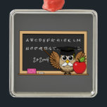 Cute Teacher Owl with Apple Cartoon Metal Tree Decoration<br><div class="desc">An illustration of a cute teacher owl with adorable white moustache wearing a graduation cap with yellow tassel and holding a red apple. He is writing on the blackboard and teaching letter alphabet and a simple math. This kawaii cartoon design is for bird lovers and animal lovers, and a gift...</div>