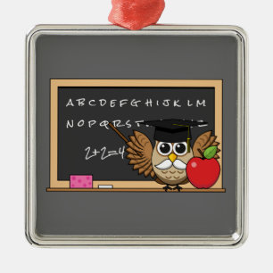 Cute Teacher Owl with Apple Cartoon Metal Tree Decoration