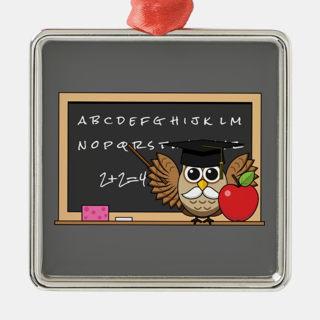 Cute Teacher Owl with Apple Cartoon Metal Tree Decoration (Front)