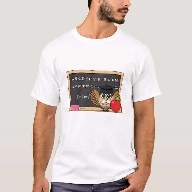 Cute Teacher Owl with Apple Cartoon T-Shirt (Front)