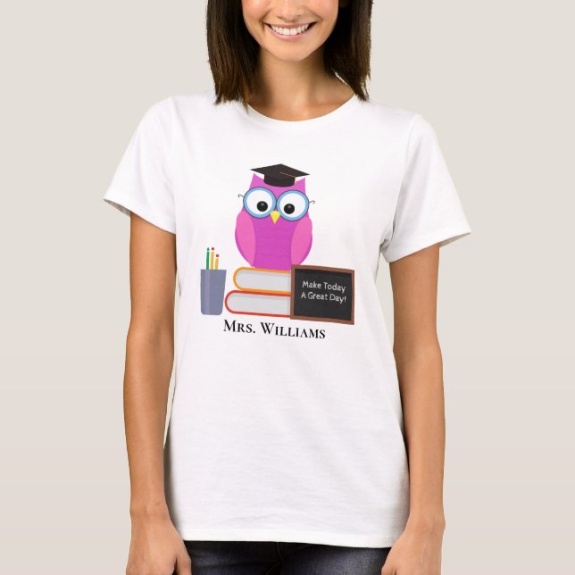Cute Teacher Pink Owl Back To School Monogram T-Shirt (Front)