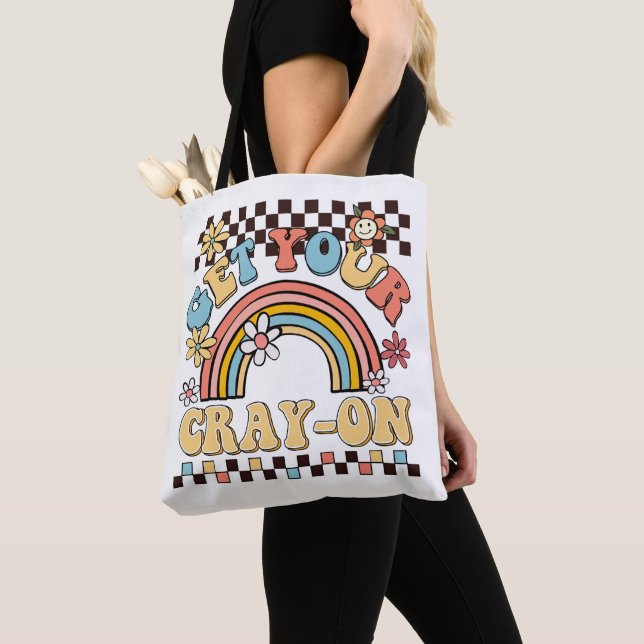 Cute teacher rainbow retro flair get your cray-on  tote bag (Close Up)