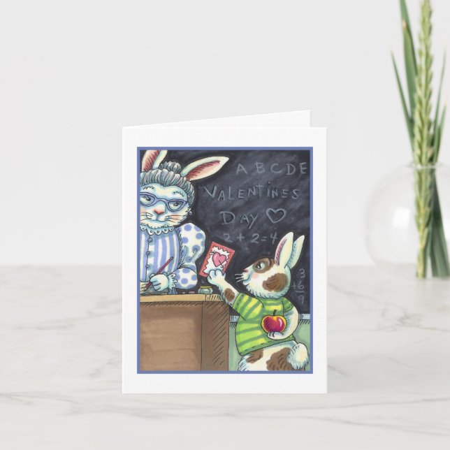 CUTE TEACHER'S PET, APPLE & VALENTINE BUNNY RABBIT HOLIDAY CARD (Front)