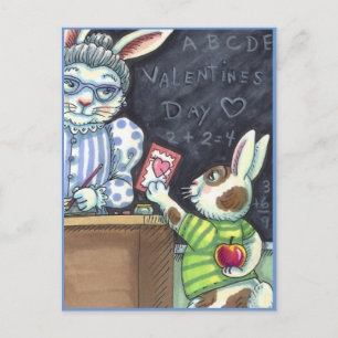 CUTE TEACHER'S PET, APPLE & VALENTINE BUNNY RABBIT HOLIDAY POSTCARD