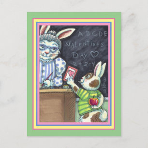 CUTE TEACHER'S PET, APPLE & VALENTINE BUNNY RABBIT HOLIDAY POSTCARD