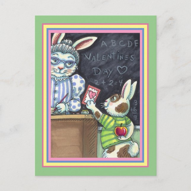 CUTE TEACHER'S PET, APPLE & VALENTINE BUNNY RABBIT HOLIDAY POSTCARD (Front)