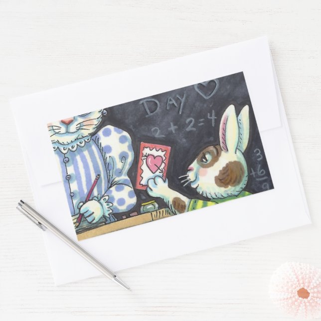 CUTE TEACHER'S PET, APPLE & VALENTINE BUNNY RABBIT RECTANGULAR STICKER (Envelope)