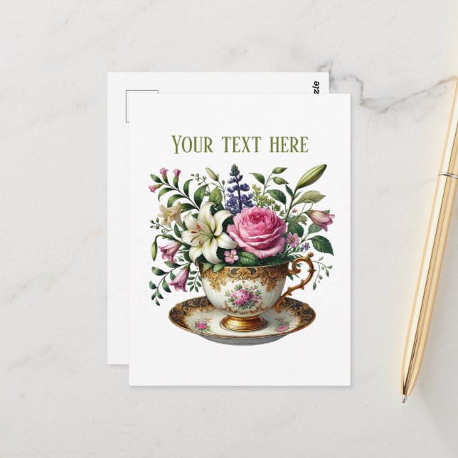 Cute teacup flowers customizable  postcard (Front/Back In Situ)
