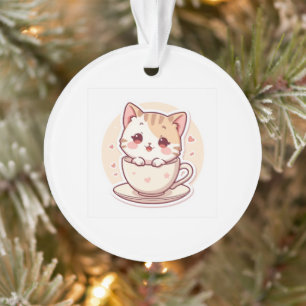 Cute Teacup Kitten Holiday Ceramic Ornament - Ador