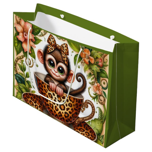 Cute teacup monkey lovers party  large gift bag (Front Angled)