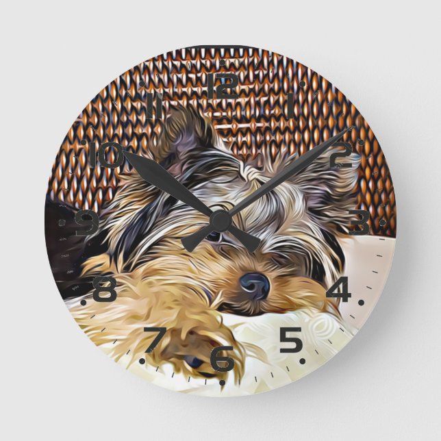 Cute Teacup Yorkie Yorkshire Terrier Digital Art Round Clock (Front)