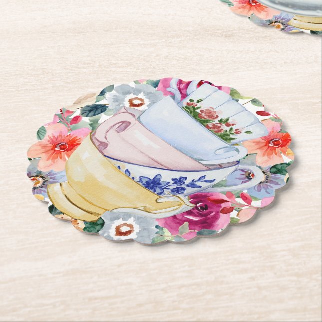 Cute Teacups Flowers Paper Coaster (Angled)