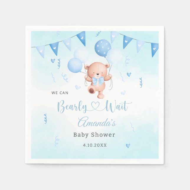 Cute Teady Baby Bear watercolor Boho Blue Balloons Napkin (Front)