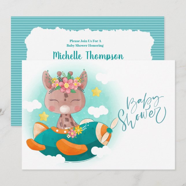 Cute Teal Aeroplane Giraffe Baby Shower   Invitation (Front/Back)