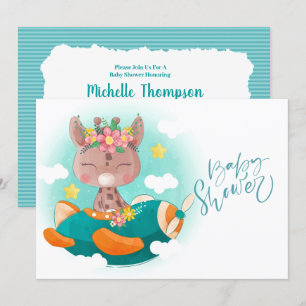 Cute Teal Aeroplane Giraffe Baby Shower Invitation