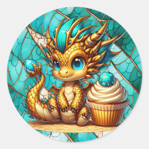 Cute Teal and Gold Dragon Boy's Birthday Party Classic Round Sticker