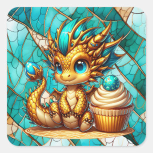 Cute Teal and Gold Dragon Boy's Birthday Party Square Sticker