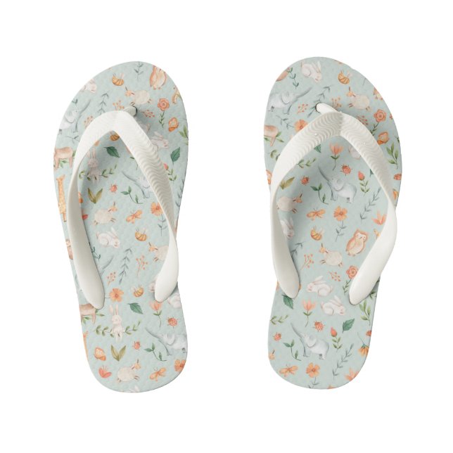 Cute Teal Baby Animal Pastel Pattern Kid's Flip Flops (Footbed)
