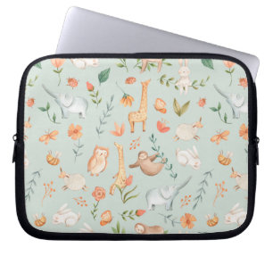 Cute Teal Baby Animal Pastel Pattern Laptop Sleeve
