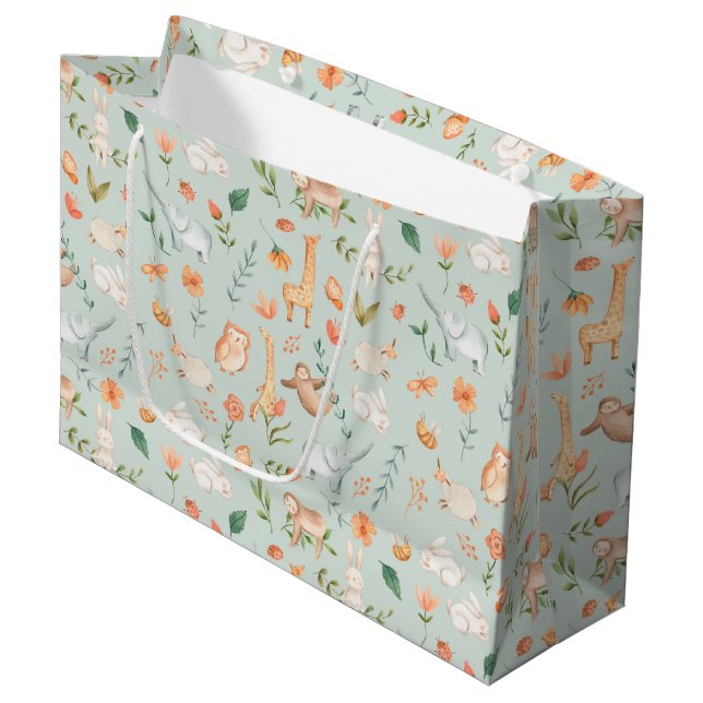 Cute Teal Baby Animal Pastel Pattern Large Gift Bag (Front Angled)