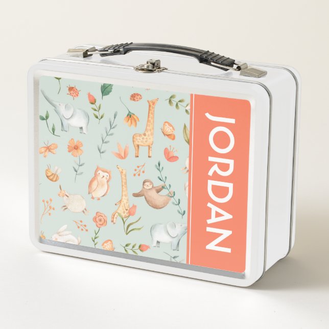 Cute Teal Baby Animal Pastel Pattern Metal Lunch Box (Front)
