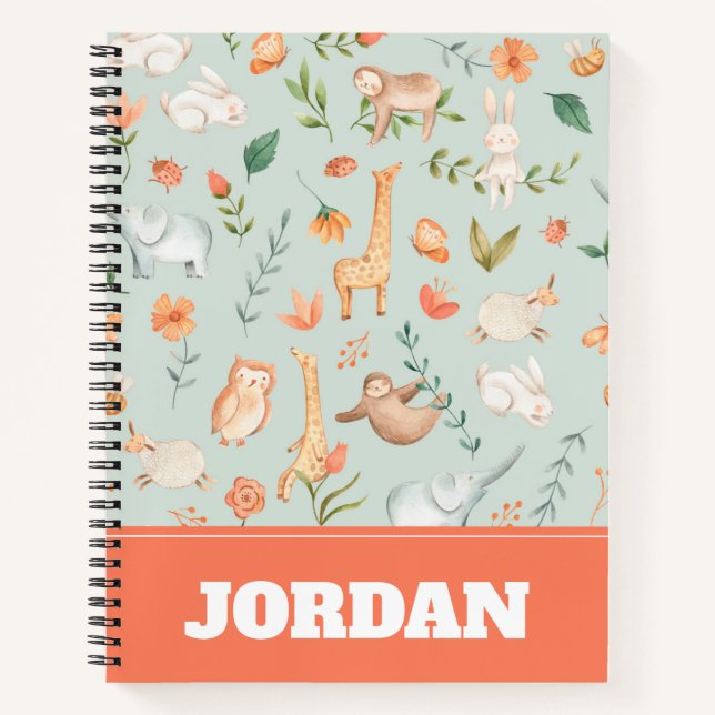 Cute Teal Baby Animal Pastel Pattern Notebook (Front)