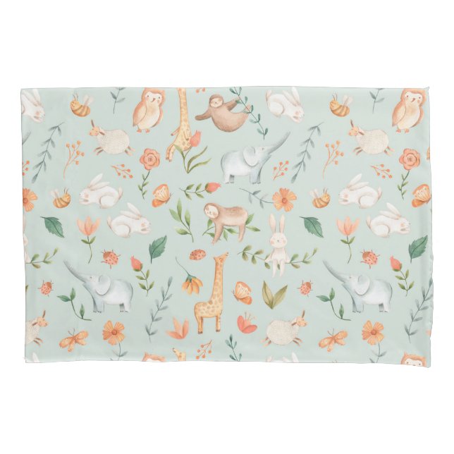 Cute Teal Baby Animal Pastel Pattern Pillowcase (Front)
