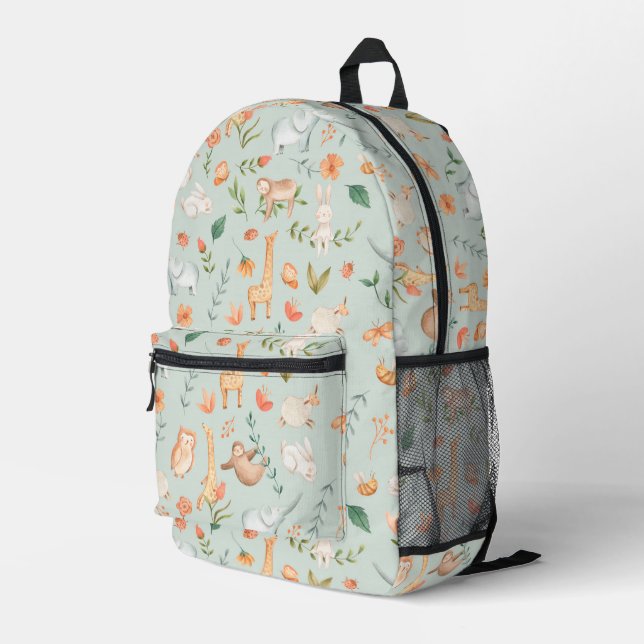 Cute Teal Baby Animal Pastel Pattern Printed Backpack (Back Corner Right)
