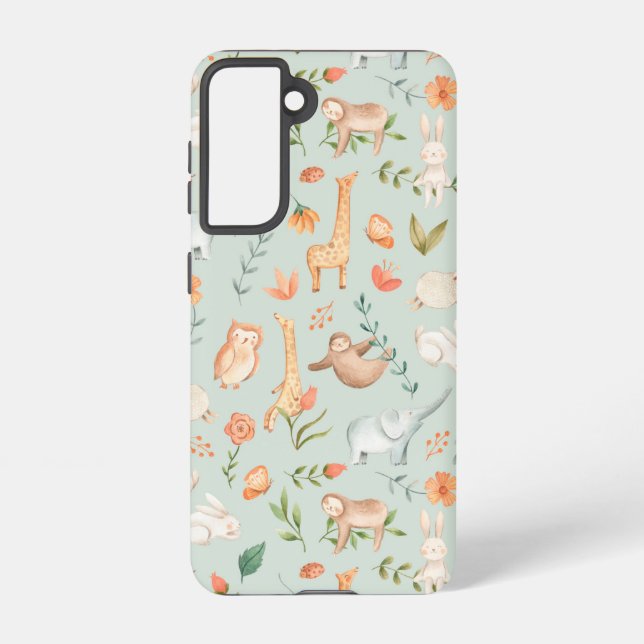 Cute Teal Baby Animal Pastel Pattern Samsung Galaxy S21 Case (Back)