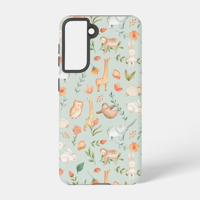 Cute Teal Baby Animal Pastel Pattern Samsung Galaxy S21 Case (Back)