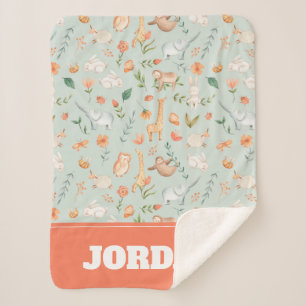 Cute Teal Baby Animal Pastel Pattern Sherpa Blanket