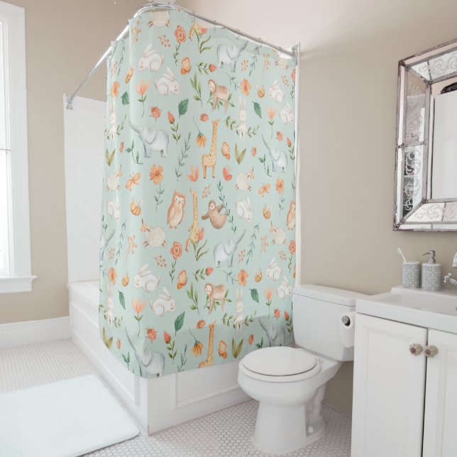 Cute Teal Baby Animal Pastel Pattern Shower Curtain (In Situ)