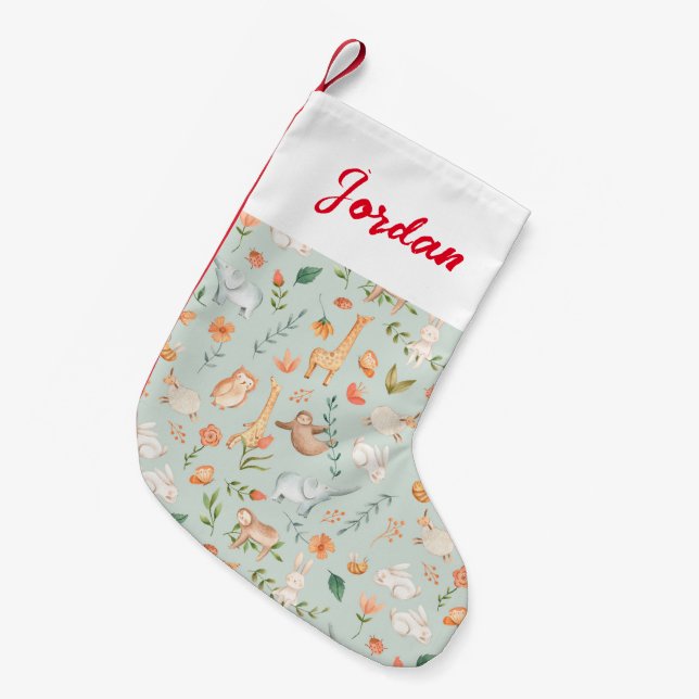 Cute Teal Baby Animal Pastel Pattern Small Christmas Stocking (Front (Hanging))