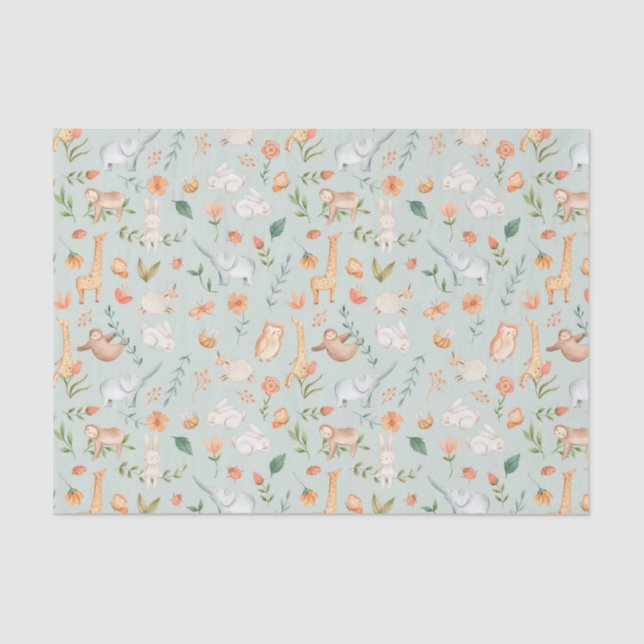 Cute Teal Baby Animal Pastel Pattern Tissue Paper (Front)