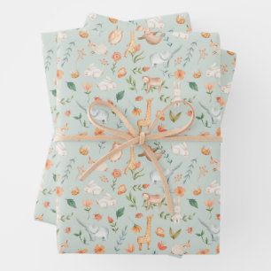Cute Teal Baby Animal Pastel Pattern Wrapping Paper Sheet