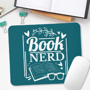 Cute Teal Blue Book Nerd Bookworm Mouse Mat