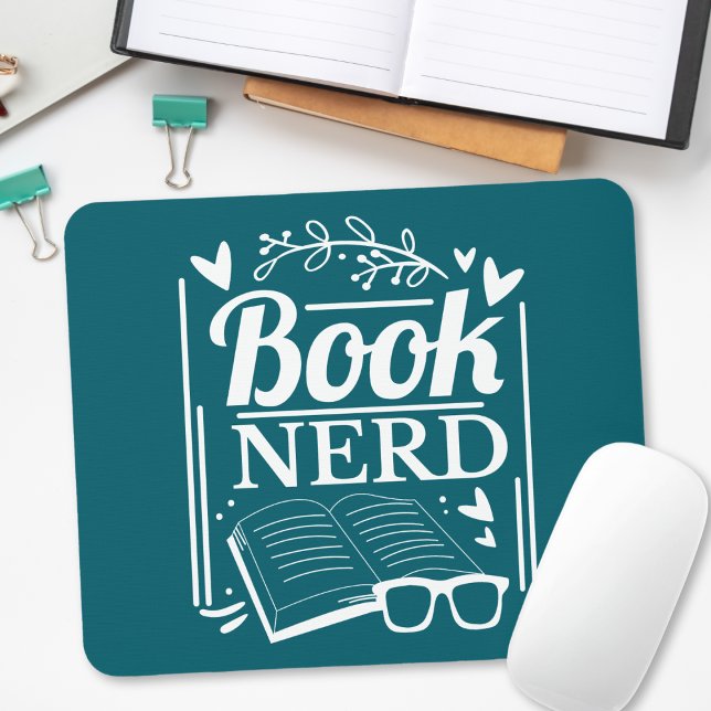 Cute Teal Blue Book Nerd Bookworm Mouse Mat (Creator Uploaded)