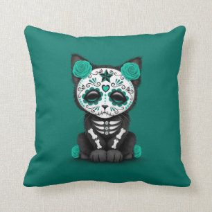 Cute Teal Blue Day of the Dead Kitten Cat Cushion
