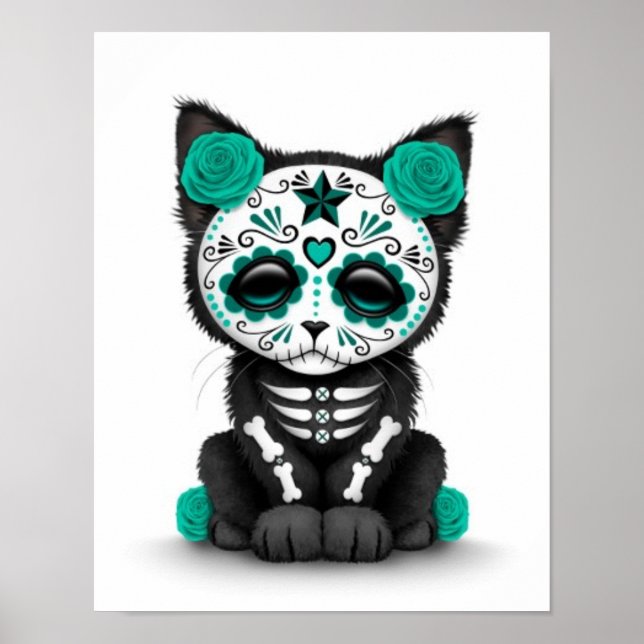 Cute Teal Blue Day of the Dead Kitten Cat, white Poster (Front)