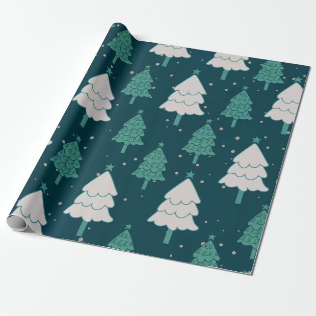 Cute Teal Blue Green Christmas Tree Pattern Wrapping Paper (Unrolled)