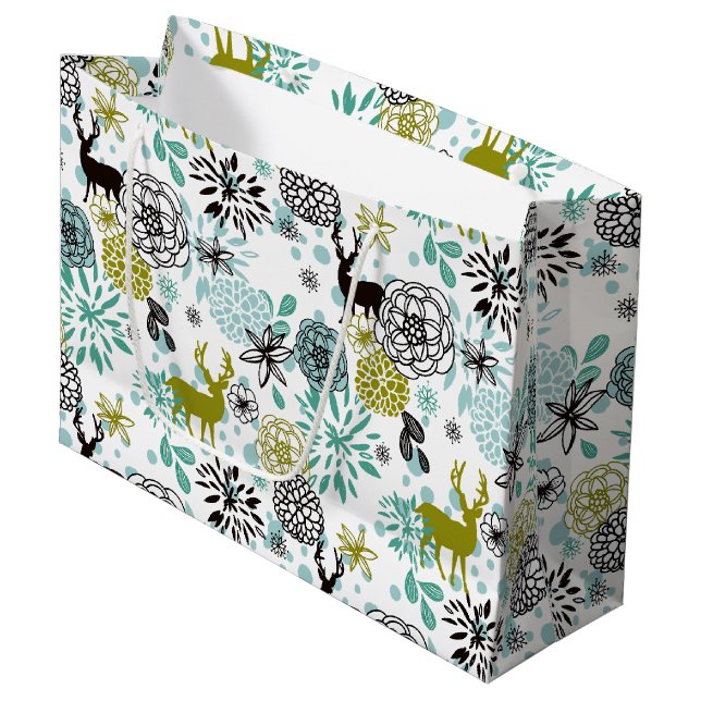 Cute Teal Blue Green Floral And Deer Art Pattern Large Gift Bag (Front Angled)