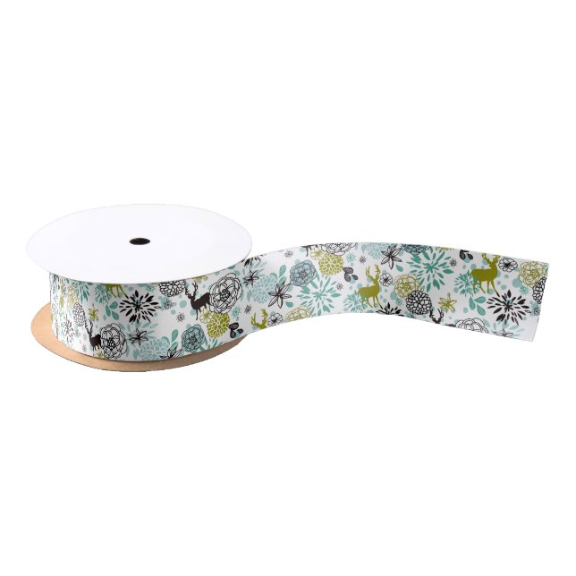Cute Teal Blue Green Floral And Deer Art Pattern Satin Ribbon (Spool)