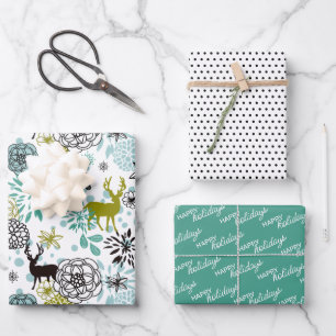 Cute Teal Blue Green Floral And Deer Art Pattern Wrapping Paper Sheet